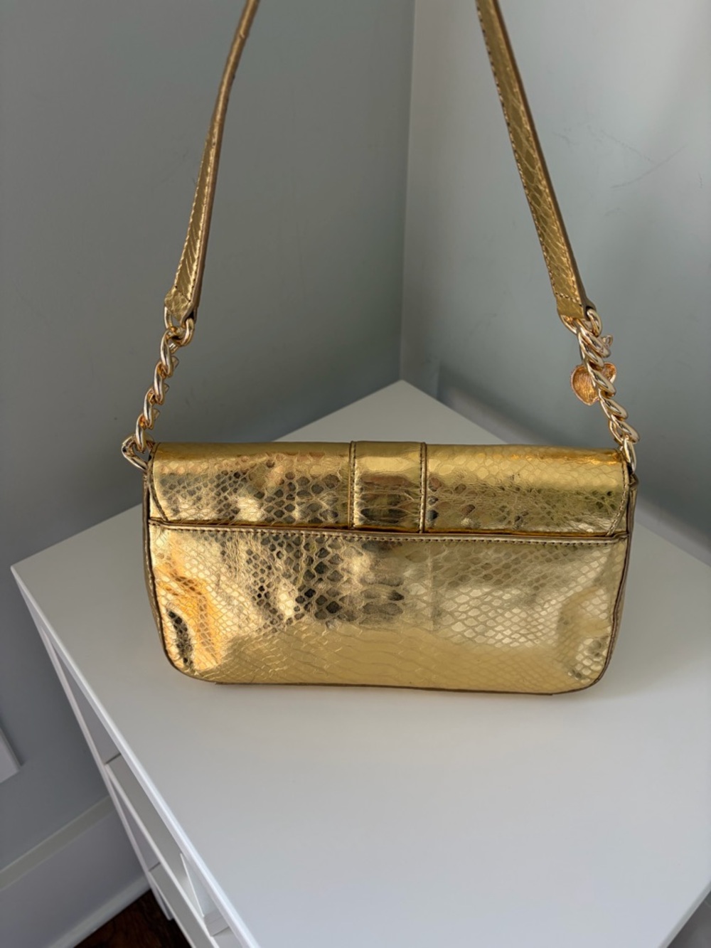 Michael Kors Metallic Gold Snake-Embossed Shoulder Bag with Charm - Picture 2 of 12